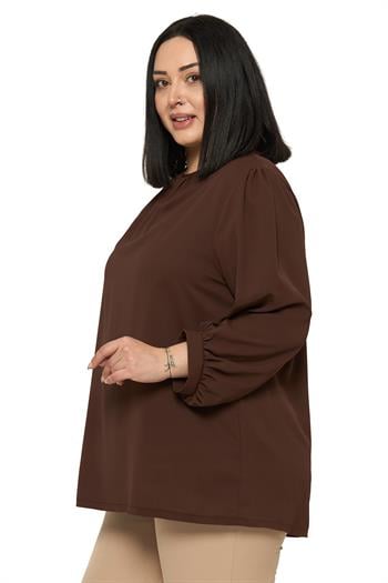 Büyük Beden Yuvarlak Yaka Truvakar Büzgülü Kollu Rahat Kesim Kahverengi Bluz