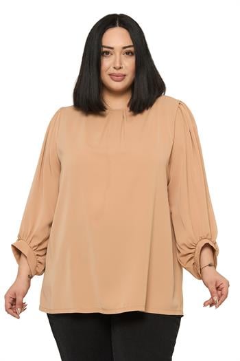 Büyük Beden Yuvarlak Yaka Truvakar Büzgülü Kollu Rahat Kesim Vizon Bluz