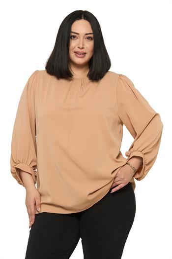 Büyük Beden Yuvarlak Yaka Truvakar Büzgülü Kollu Rahat Kesim Vizon Bluz