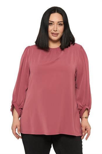 Büyük Beden Yuvarlak Yaka Truvakar Büzgülü Kollu Rahat Kesim Gül Kurusu Bluz