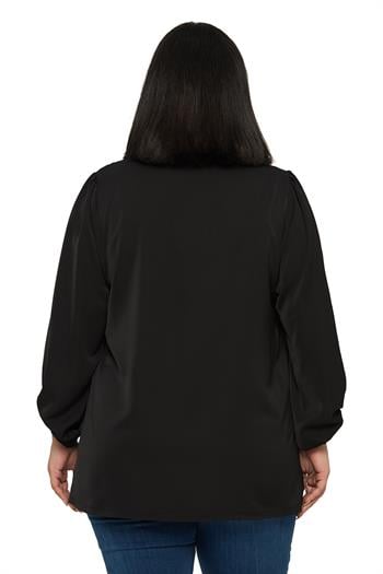 Büyük Beden Yuvarlak Yaka Truvakar Büzgülü Kollu Rahat Kesim Siyah Bluz