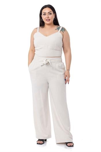 Büyük Beden Büstiyer Pantolon Bej Rengi İkili Takım 