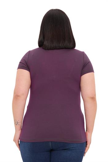 Büyük Beden Bisiklet Yaka Kısa Kollu Viskon Mürdüm Body