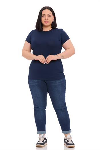 Büyük Beden Bisiklet Yaka Kısa Kollu Viskon Lacivert Body
