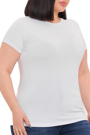 Büyük Beden Bisiklet Yaka Kısa Kollu Viskon Beyaz Body