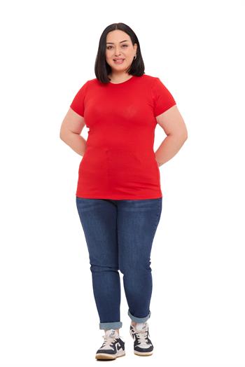 Büyük Beden Bisiklet Yaka Kısa Kollu Viskon Kırmızı Body