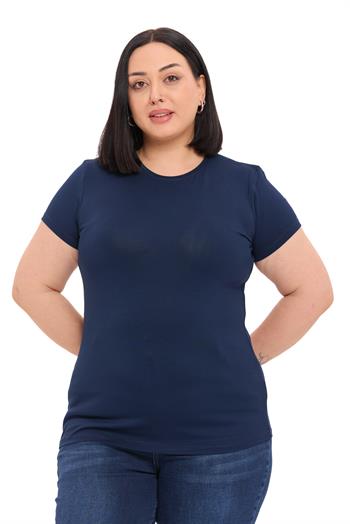 Büyük Beden Bisiklet Yaka Kısa Kollu Viskon Lacivert Body