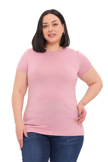Büyük Beden Bisiklet Yaka Kısa Kollu Viskon Pembe Body