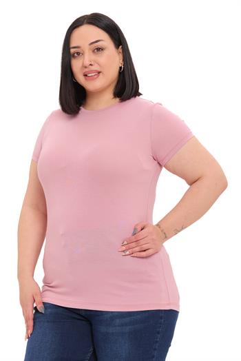 Büyük Beden Bisiklet Yaka Kısa Kollu Viskon Pembe Body