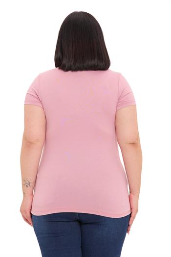 Büyük Beden Bisiklet Yaka Kısa Kollu Viskon Pembe Body