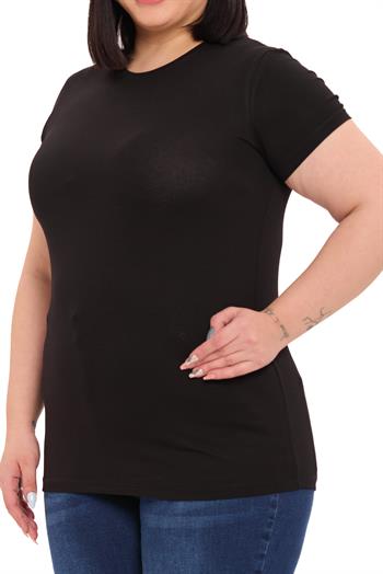 Büyük Beden Bisiklet Yaka Kısa Kollu Viskon Siyah Body