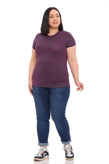 Büyük Beden Bisiklet Yaka Kısa Kollu Viskon Mürdüm Body