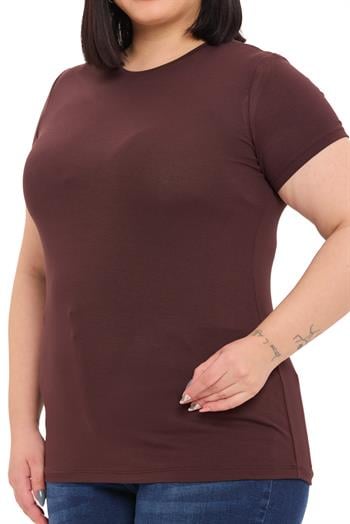 Büyük Beden Bisiklet Yaka Kısa Kollu Viskon Kahverengi Body