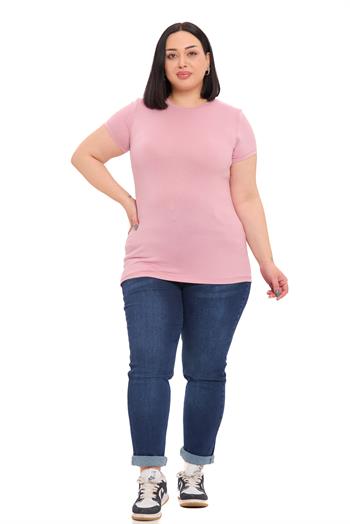 Büyük Beden Bisiklet Yaka Kısa Kollu Viskon Pembe Body