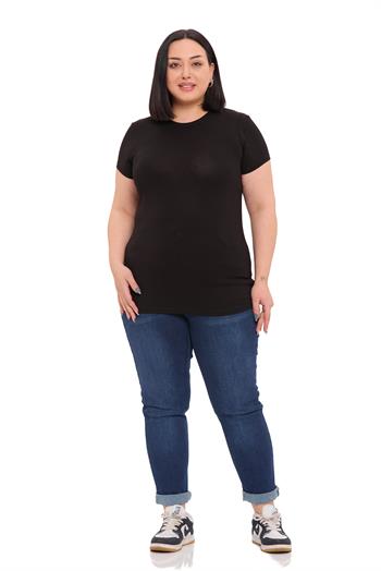 Büyük Beden Bisiklet Yaka Kısa Kollu Viskon Siyah Body