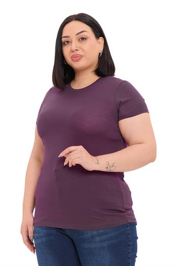 Büyük Beden Bisiklet Yaka Kısa Kollu Viskon Mürdüm Body