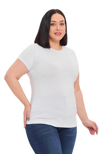 Büyük Beden Bisiklet Yaka Kısa Kollu Viskon Beyaz Body