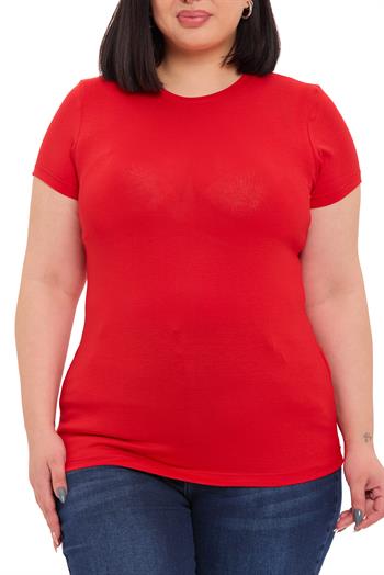 Büyük Beden Bisiklet Yaka Kısa Kollu Viskon Kırmızı Body