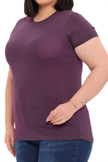 Büyük Beden Bisiklet Yaka Kısa Kollu Viskon Mürdüm Body