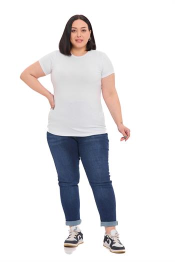 Büyük Beden Bisiklet Yaka Kısa Kollu Viskon Beyaz Body