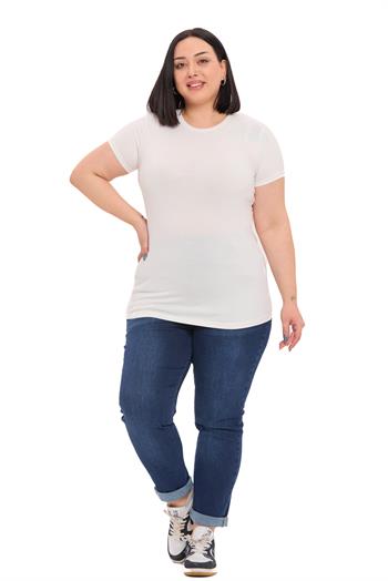 Büyük Beden Bisiklet Yaka Kısa Kollu Viskon Ekru Body