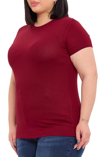 Büyük Beden Bisiklet Yaka Kısa Kollu Viskon Bordo Body