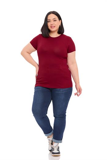 Büyük Beden Bisiklet Yaka Kısa Kollu Viskon Bordo Body