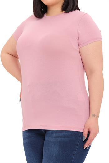Büyük Beden Bisiklet Yaka Kısa Kollu Viskon Pembe Body