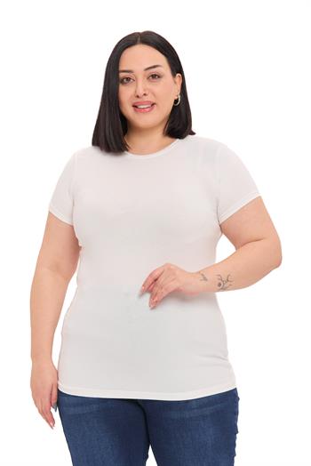 Büyük Beden Bisiklet Yaka Kısa Kollu Viskon Ekru Body