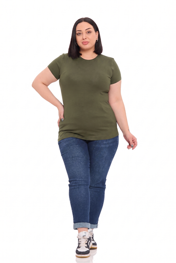 Büyük Beden Bisiklet Yaka Kısa Kollu Viskon Haki Body
