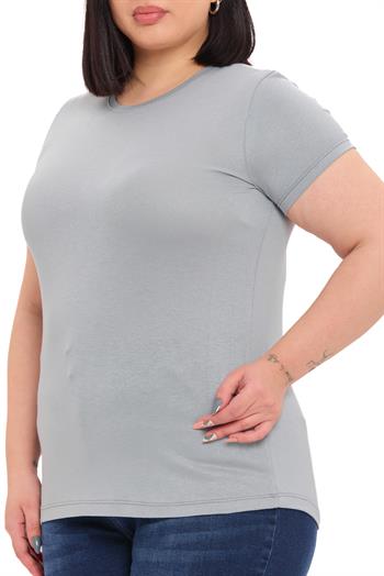 Büyük Beden Bisiklet Yaka Kısa Kollu Viskon Açık Gri Body