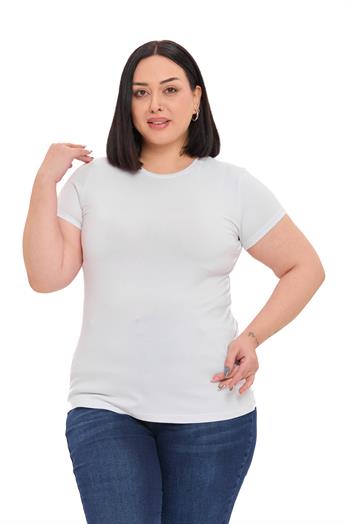 Büyük Beden Bisiklet Yaka Kısa Kollu Viskon Beyaz Body