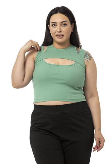 Büyük Beden Göğüs Dekolteli Fitilli Kaşkorse Yeşil Body