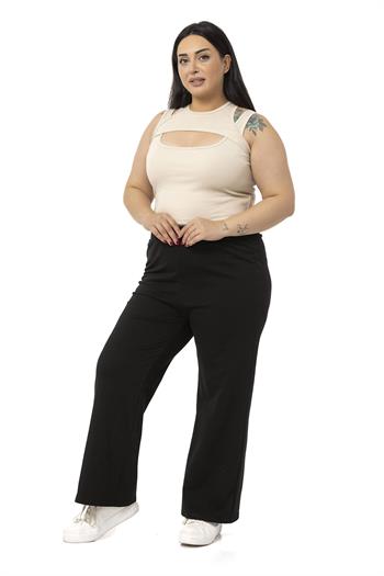Büyük Beden Göğüs Dekolteli Fitilli Kaşkorse Bej Rengi Body