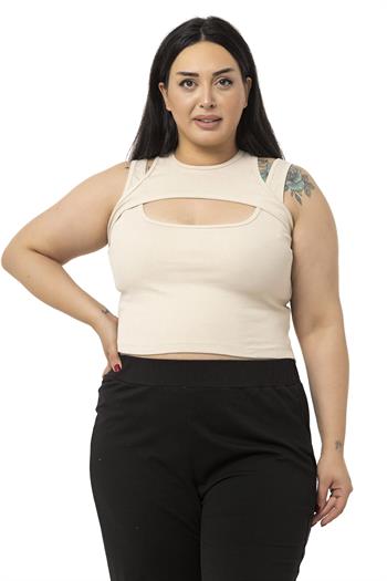 Büyük Beden Göğüs Dekolteli Fitilli Kaşkorse Bej Rengi Body