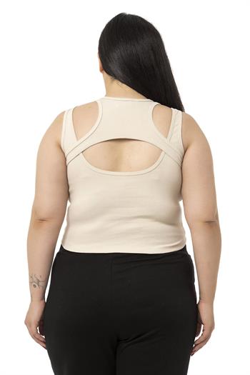 Büyük Beden Göğüs Dekolteli Fitilli Kaşkorse Bej Rengi Body
