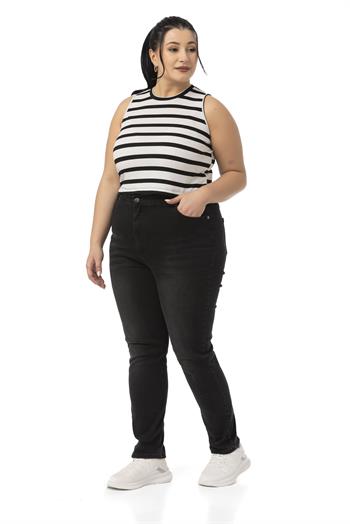 Büyük Beden Kalın Çizgili Kısa Beyaz Siyah Body