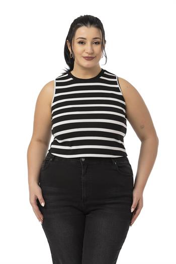 Büyük Beden Kalın Çizgili Kısa Siyah Beyaz Body