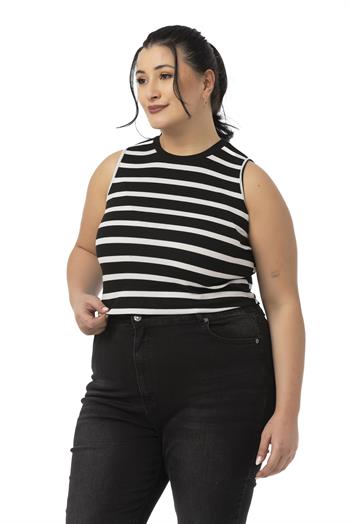 Büyük Beden Kalın Çizgili Kısa Siyah Beyaz Body