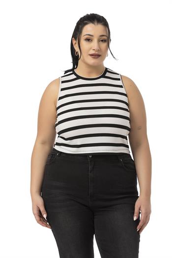 Büyük Beden Kalın Çizgili Kısa Beyaz Siyah Body
