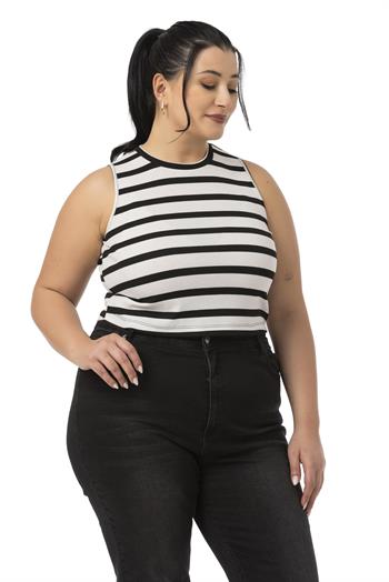 Büyük Beden Kalın Çizgili Kısa Beyaz Siyah Body