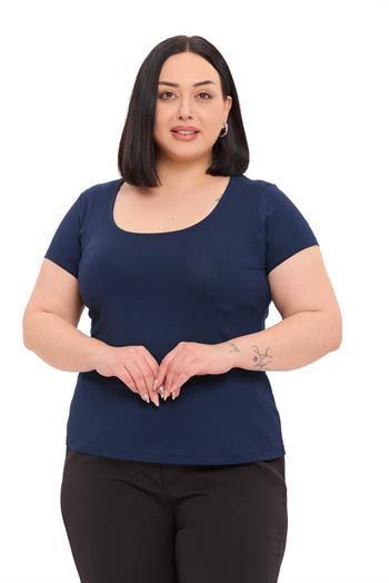 Büyük Beden U Yaka Kısa Kollu Viskon Lacivert Body
