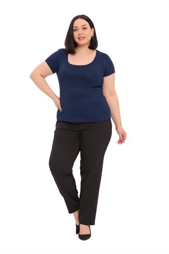 Büyük Beden U Yaka Kısa Kollu Viskon Lacivert Body