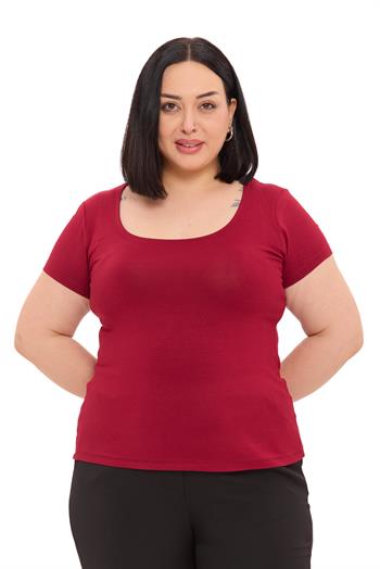 Büyük Beden U Yaka Kısa Kollu Viskon Bordo Body