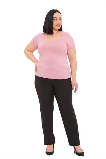 Büyük Beden U Yaka Kısa Kollu Viskon Pembe Body