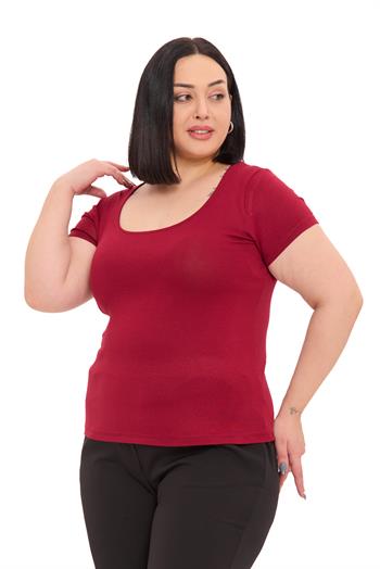 Büyük Beden U Yaka Kısa Kollu Viskon Bordo Body