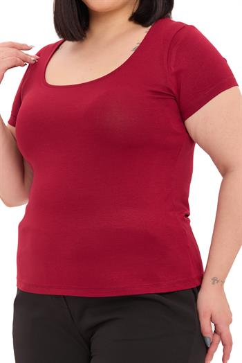 Büyük Beden U Yaka Kısa Kollu Viskon Bordo Body