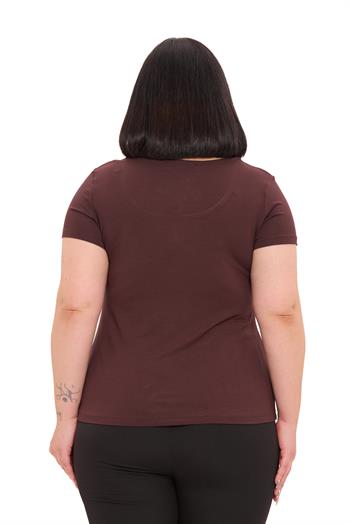 Büyük Beden U Yaka Kısa Kollu Viskon Kahverengi Body