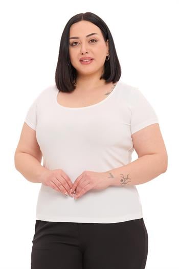Büyük Beden U Yaka Kısa Kollu Viskon Ekru Body