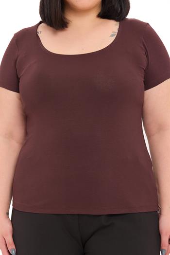 Büyük Beden U Yaka Kısa Kollu Viskon Kahverengi Body